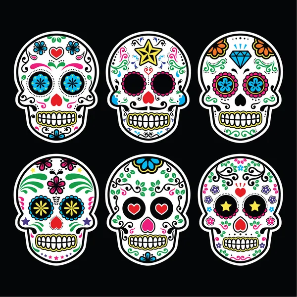 Crâne de sucre mexicain, icônes Dia de los Muertos sur fond noir — Image vectorielle