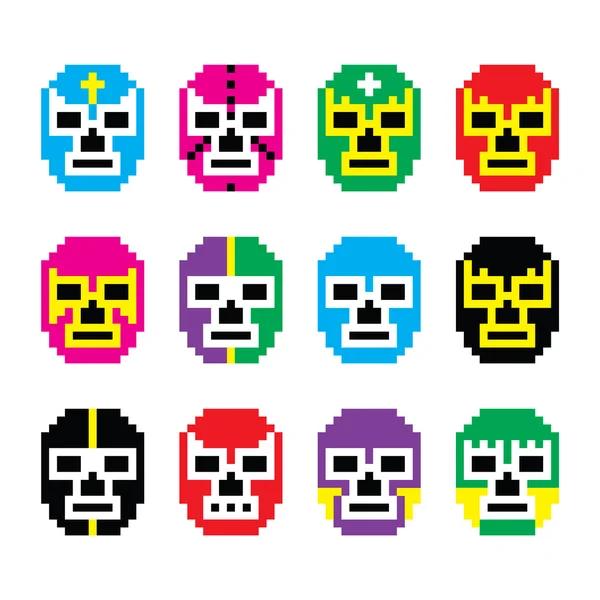 Lucha Libre, luchador pixelado mexicano máscaras de lucha libre iconos — Vector de stock