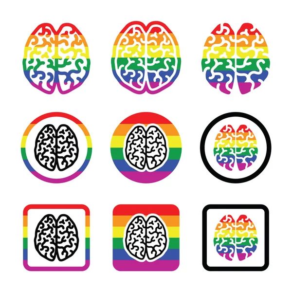 Conjunto de iconos del cerebro humano gay - símbolo del arco iris — Archivo Imágenes Vectoriales