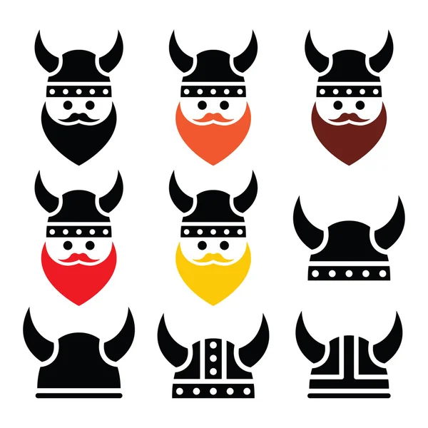 Guerrero vikingo en conjunto de iconos de casco — Vector de stock