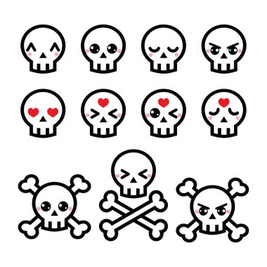 Kawaii cute Halloween skull icons set clipart