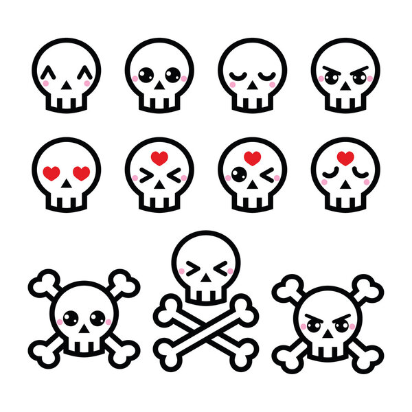 Kawaii cute Halloween skull icons set