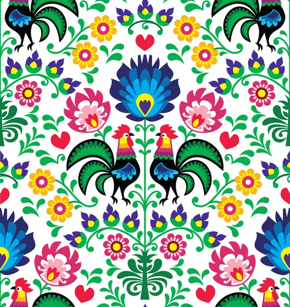 Seamless traditional floral Polish pattern with roosters - Wzory Łowickie — Stock Vector