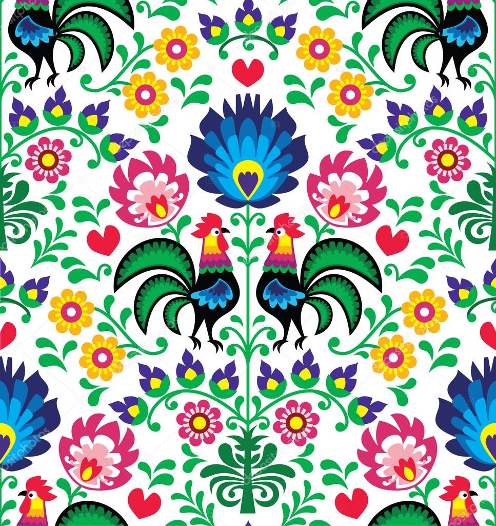 Seamless traditional floral Polish pattern with roosters - Wzory Łowickie