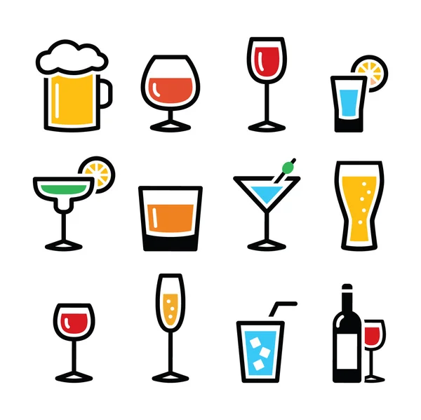 Beber colorido conjunto de iconos de bebidas alcohólicas — Vector de stock
