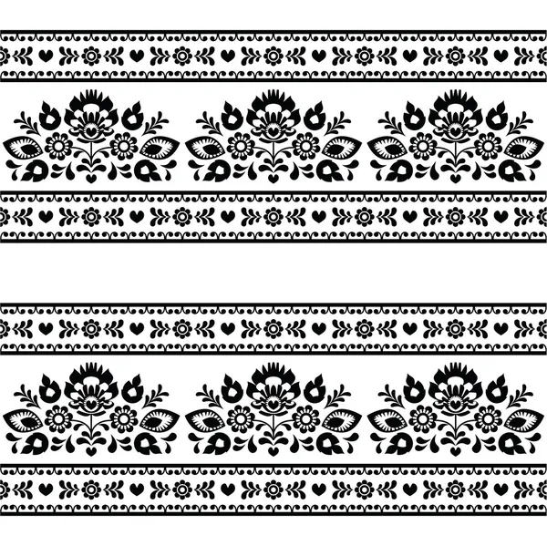 Polonais sans couture motif folklorique noir avec des fleurs sur blanc — Image vectorielle