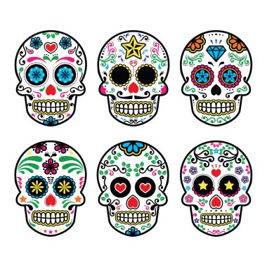 Meksikalı şeker kafatası, dia de los muertos simgeler beyaz arka plan üzerinde ayarlayın.