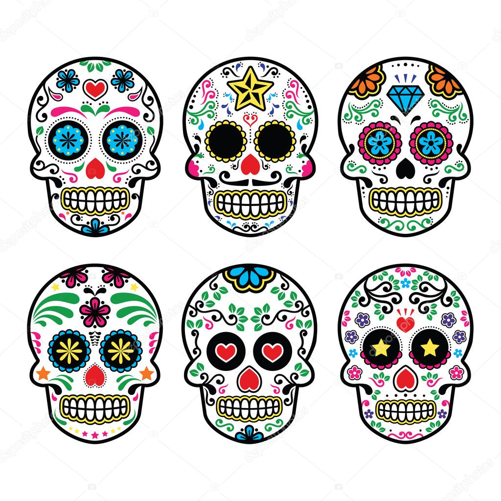 Mexican sugar skull, Dia de los Muertos icons set on white background