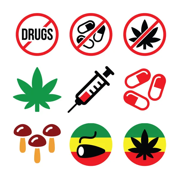 Drogas, adicción, marihuana, juego de iconos coloridos jeringa — Vector de stock