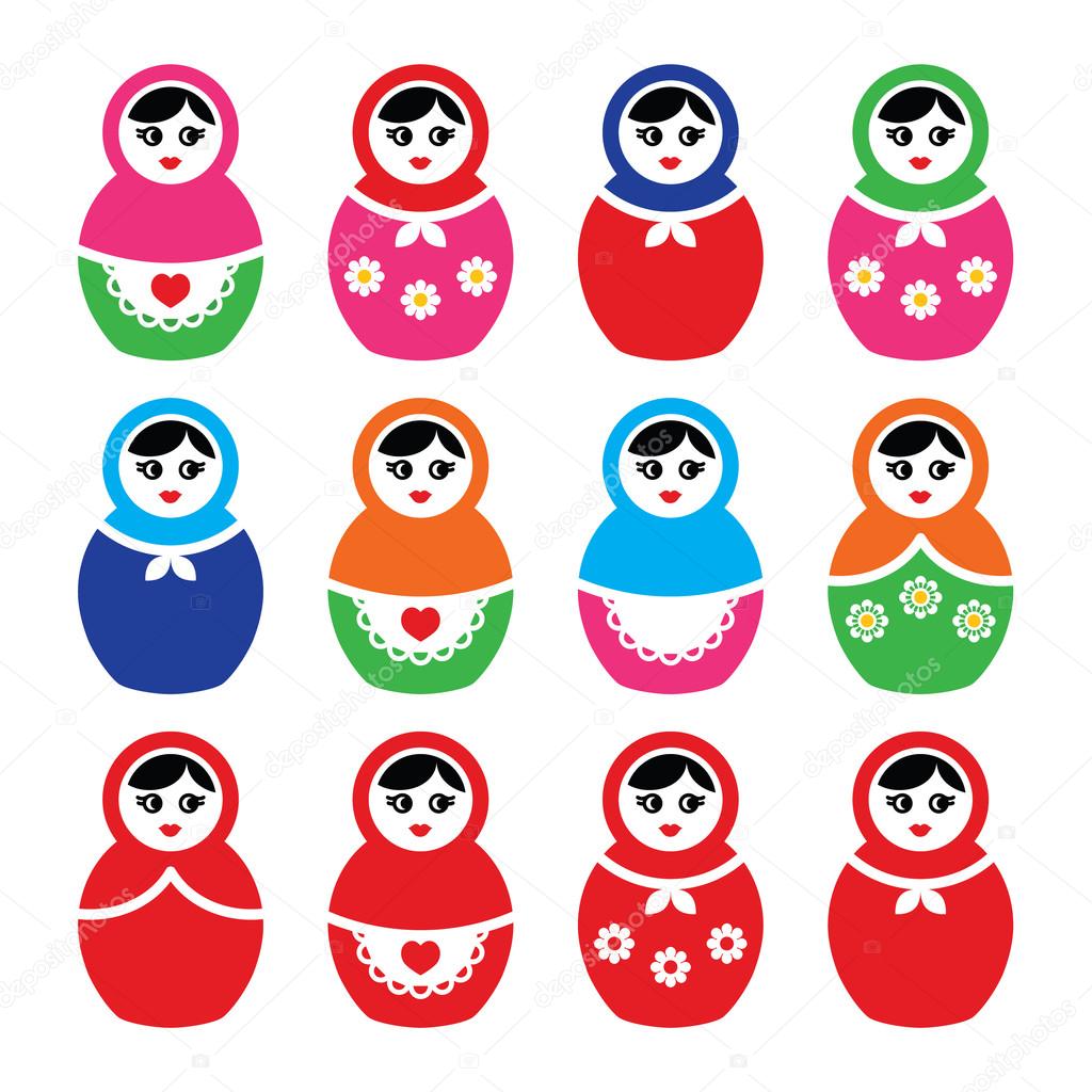 Russian doll, retro babushka vector colorful icons set — Stock Vector