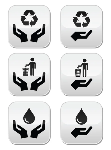 Hands with green, ecology symbols icons set — Stock Vector