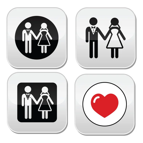 Wedding married couple white icon set on black — Stock Vector