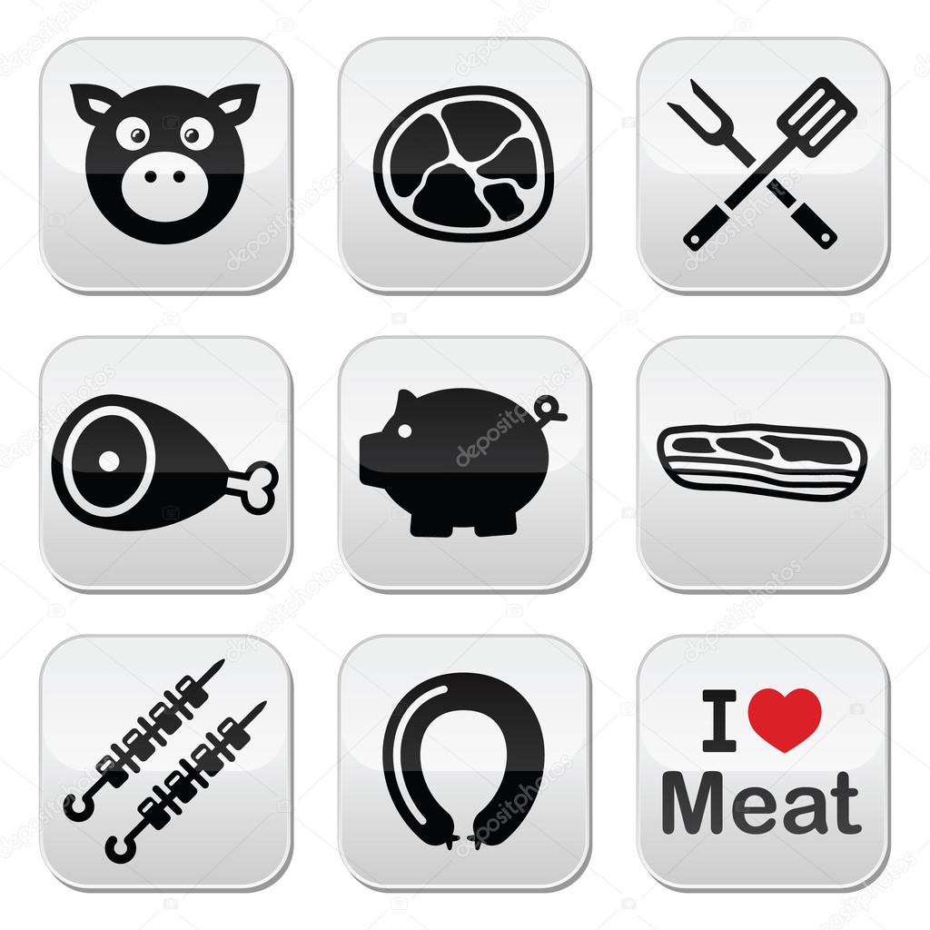 Pig, pork meat - ham and bacon icons set