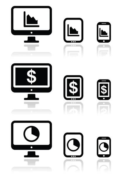 Negócios, gráfico no computador, tablet, conjunto de ícones de vetor de smartphone — Vetor de Stock