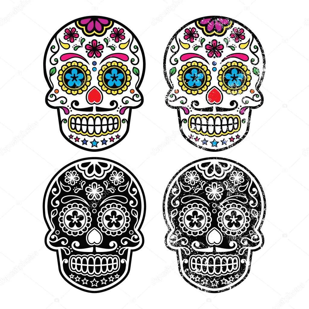 Mexican retro sugar skull, Dia de los Muertos icons set