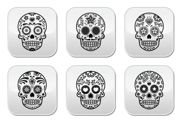 Crâne de sucre mexicain, ensemble d'icônes Dia de los Muertos — Image vectorielle