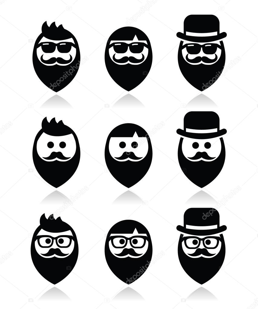 Man with beard with moustache or mustache, hipster icons set