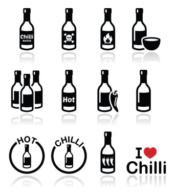 Hot chilli sauce bottle icons set