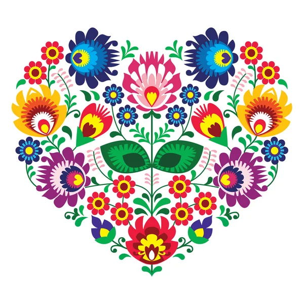 Bordado de coração de arte de olk polonês com flores - wzory lowickie — Vetor de Stock
