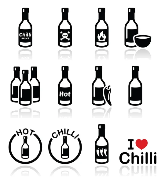 Hot Chili Sauce Flasche Symbole Set — Stockvektor