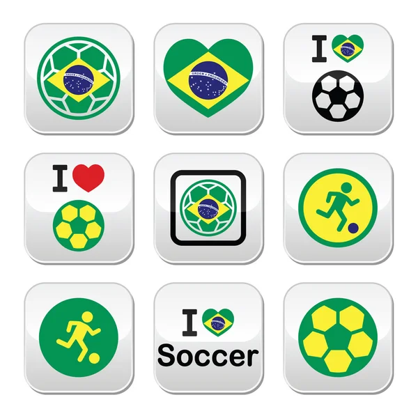 Set di icone della bandiera, del calcio o del pallone da calcio brasiliano — Vettoriale Stock