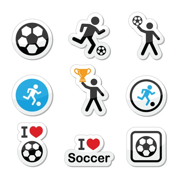 Kocham piłki nożnej, piłka nożna, człowiek kopiąc piłkę wektor zestaw ikon — Wektor stockowy