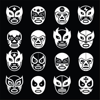 Lucha libre, luchador Mexican wrestling white masks icons on black clipart