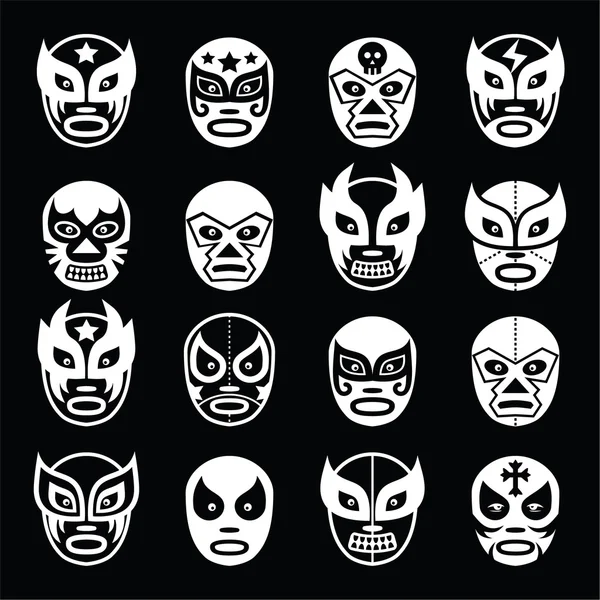 Lucha libre, luchador mexicano lucha libre máscaras blancas iconos en negro — Archivo Imágenes Vectoriales