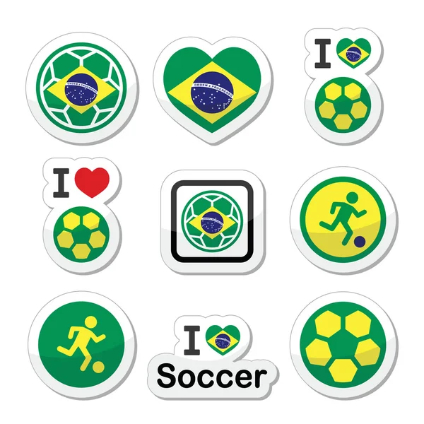 Conjunto de iconos de bandera, fútbol o pelota de fútbol brasileño — Vector de stock