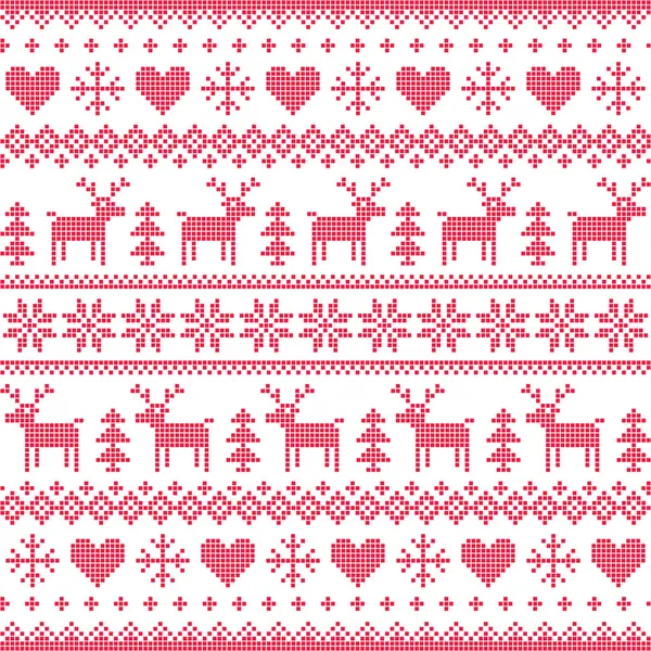 Winter, Christmas red seamless pixilated pattern with deer and hearts — Stock Vector