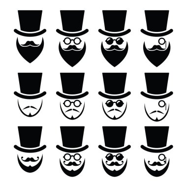 Man with hat with beard and glasses icons set vector
