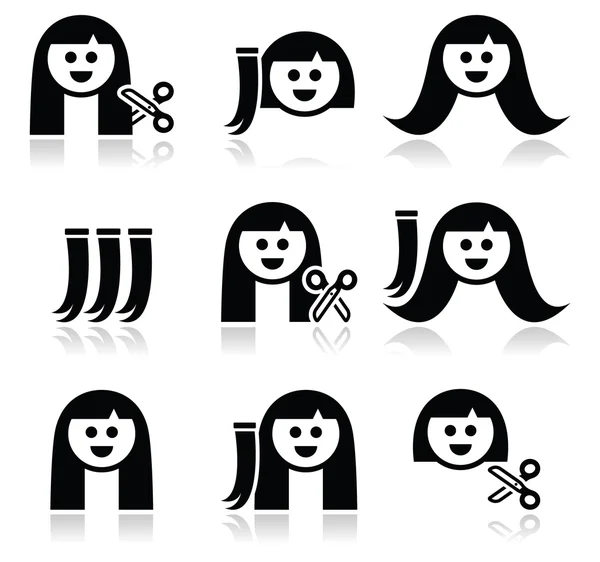 Extensiones de cabello, conjunto de iconos de corte de pelo — Vector de stock