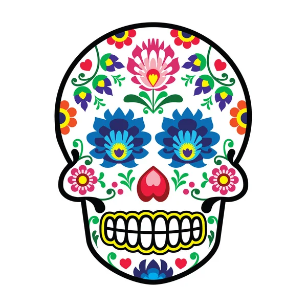 Crâne de sucre mexicain - Style d'art populaire polonais - Wzory Lowickie, Wycinanka — Image vectorielle