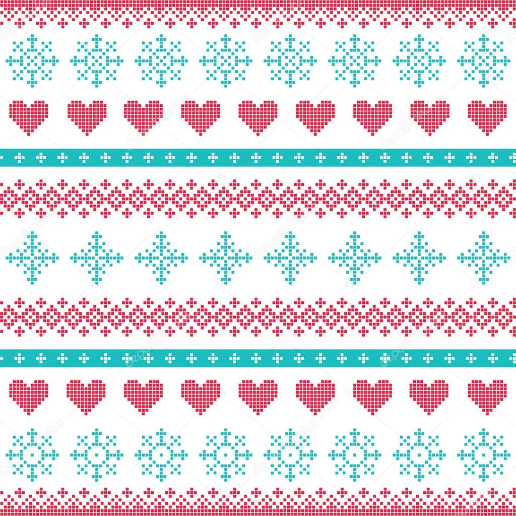 Winter, Christmas seamless pixelated pattern with snowflakes and hearts