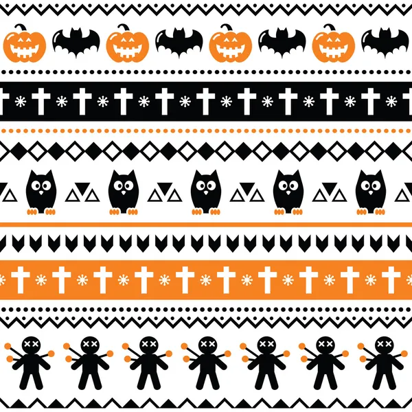 Patrón sin costuras de Halloween - calabaza, fantasma, muñeca vudú — Archivo Imágenes Vectoriales