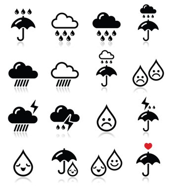 yağmur, fırtına, ağır bulutları vector Icons set