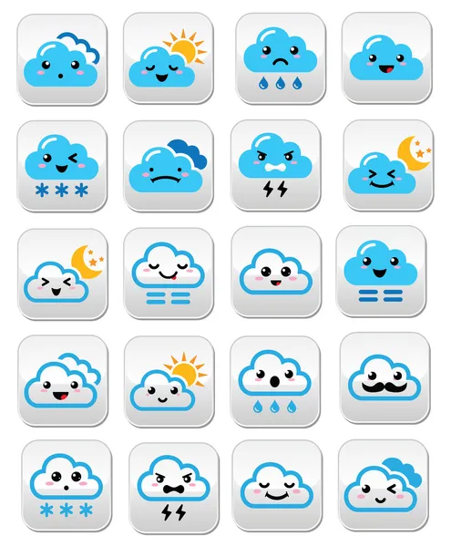 Schattig wolk - kawaii, manga knoppen met verschillende uitdrukkingen - blij, verdrietig, boos — Stockvector