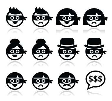 Thief man and woman faces in masks icons set clipart
