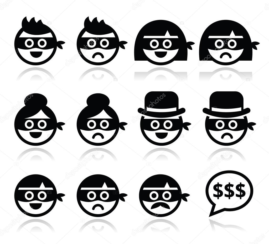 Thief man and woman faces in masks icons set