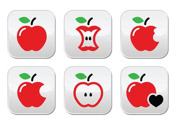 Manzana roja, núcleo de manzana, mordido, botones de medio vector — Vector de stock