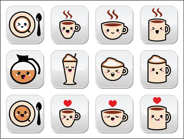 Lindo café, capuchino y espresso kawaii botones conjunto - vector — Archivo Imágenes Vectoriales