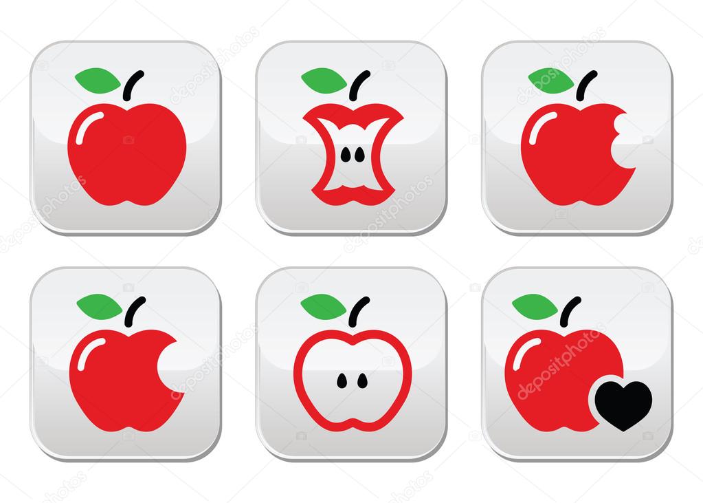 Red apple, apple core, bitten, half vector buttons