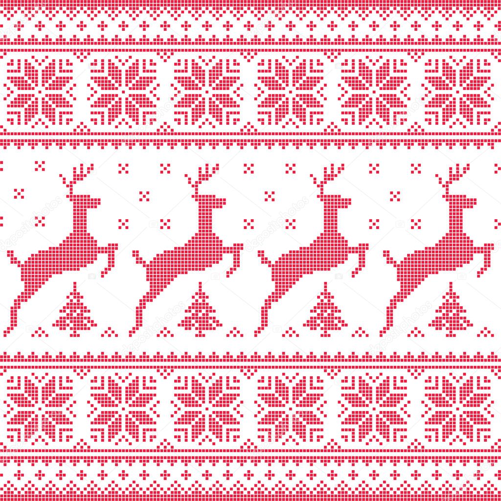 Winter, Christmas red seamless pixelated pattern with deer with trees