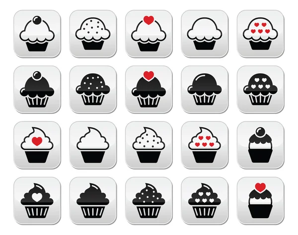 Cupcake com coração, cereja e brilhantes botões set — Vetor de Stock
