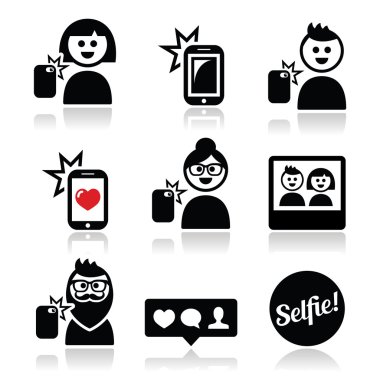 adam, kadın alarak selfie ile hareket eden ya da cep telefonu simgeleri ayarlayın