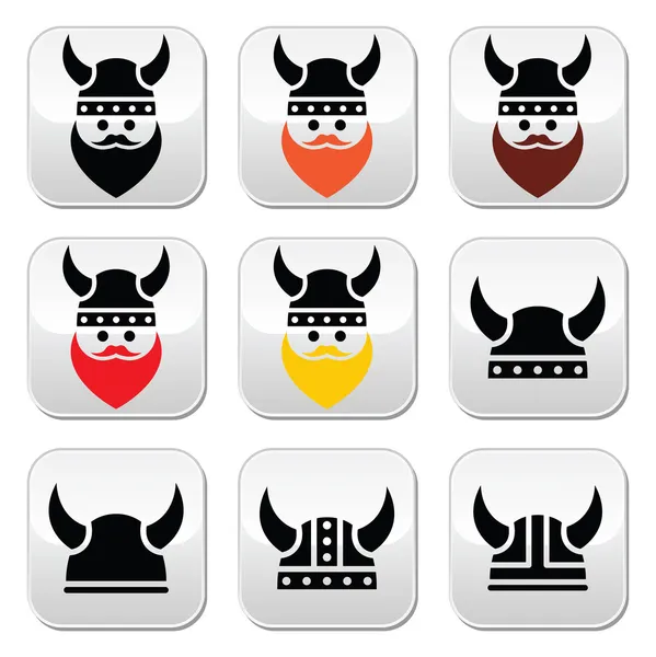 Viking warrior in helmet buttons set — Stock Vector