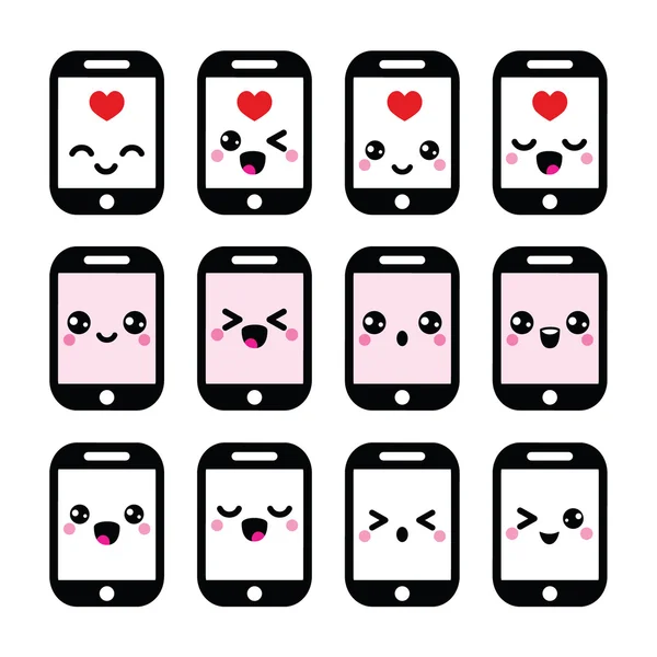 Cute Japanse kawaii karakter - mobiele of mobiele telefoon icons set — Stockvector