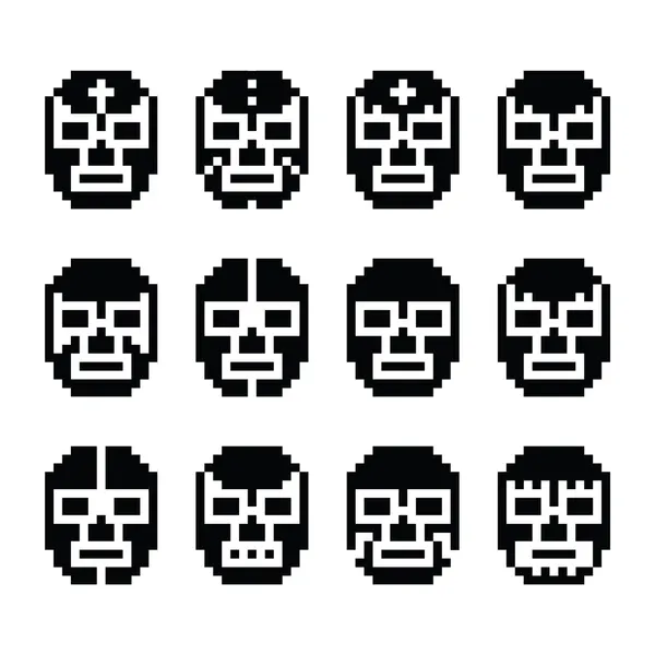 Lucha Libre, luchador pixelado mexicano máscaras de lucha negro iconos — Vector de stock