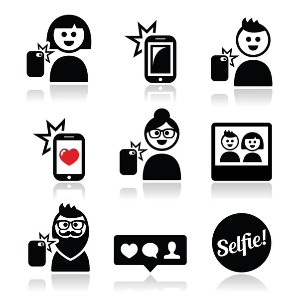 Hombre, mujer tomando selfie con el teléfono móvil o celular iconos conjunto — Archivo Imágenes Vectoriales