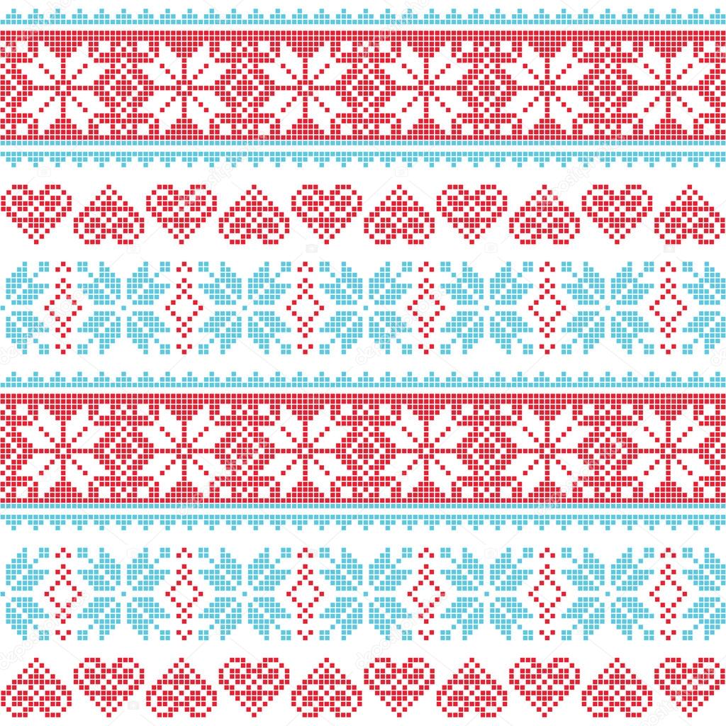 Winter, Christmas seamless pixelated pattern with snowflakes and hearts